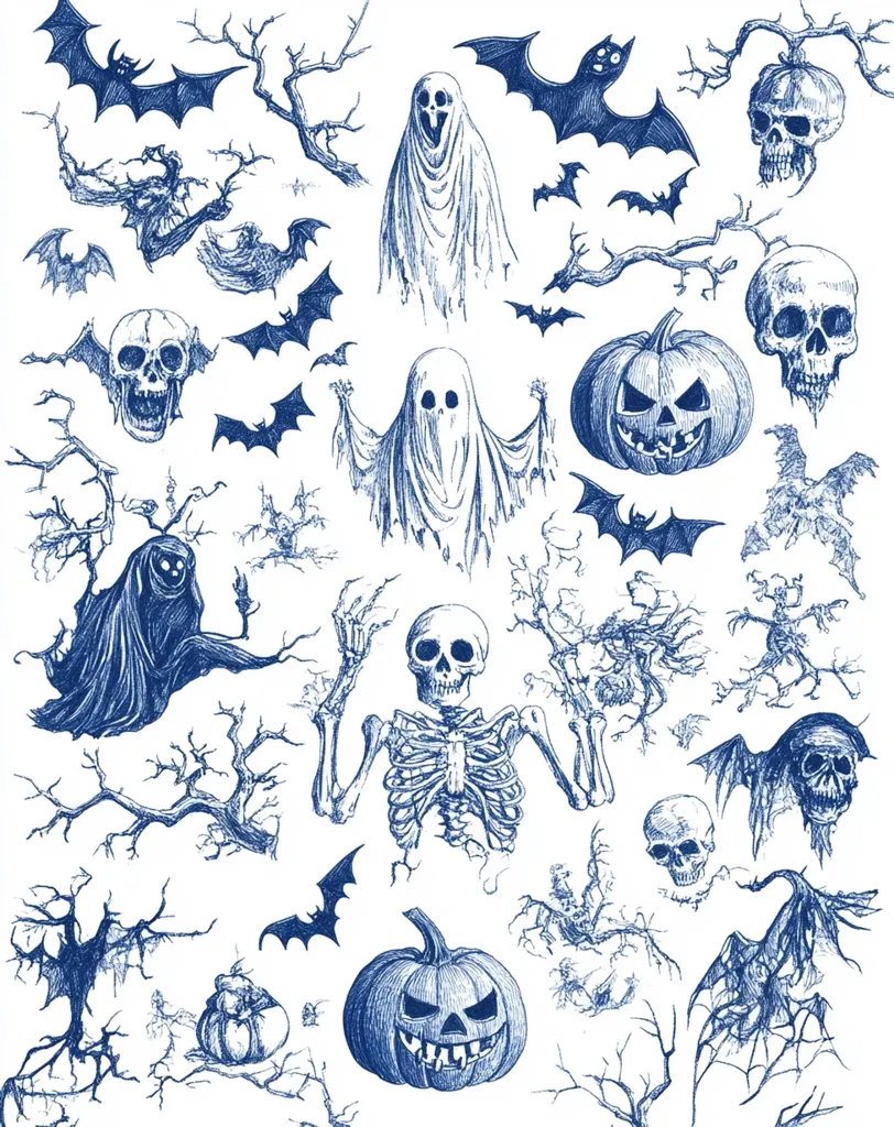A Halloween themed image filled with spooky elements. Bats, ghosts, skeletons, and pumpkins are drawn in blue ink on a white background. Twisted branches and skulls add to the eerie atmosphere.  The image is perfect for a spooky Halloween celebration.