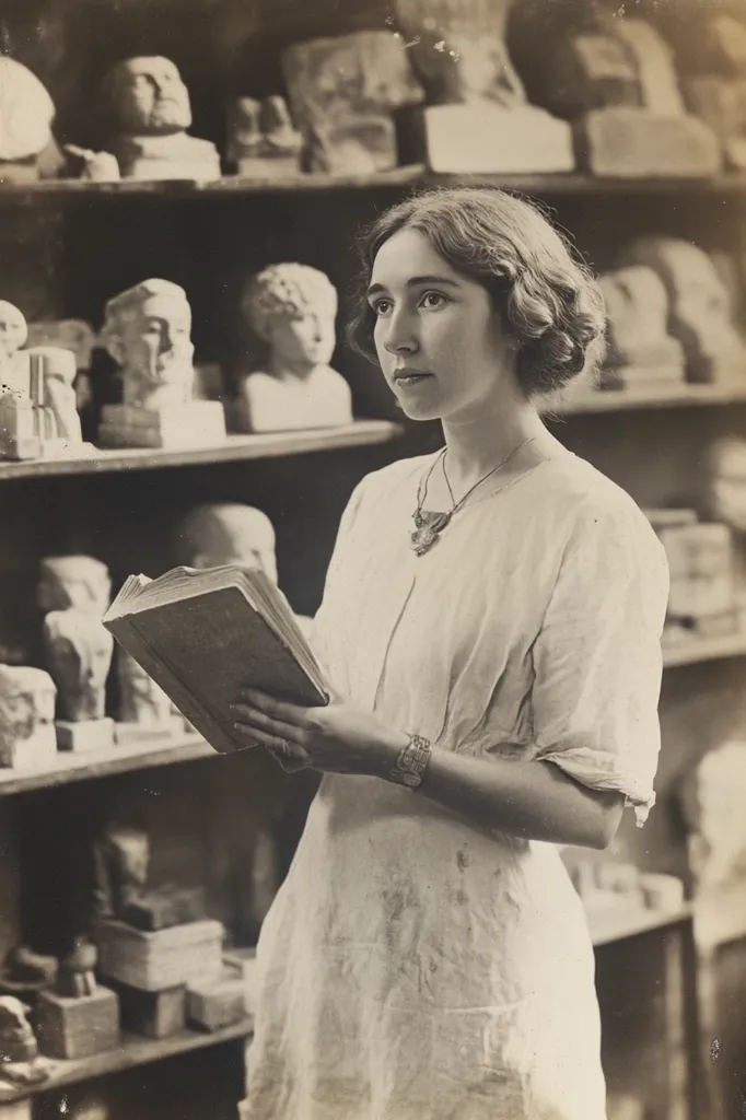 A young woman in a white dress stands in front of a shelf of plaster busts, holding an open book in her left hand. She wears a large pendant necklace and a bracelet.  Her gaze is directed off to the left of the frame, and she appears to be lost in thought. The image is a black and white photograph, taken in a studio or workshop.  The busts, the book, and the woman's posture suggest that she is an artist or student of art.