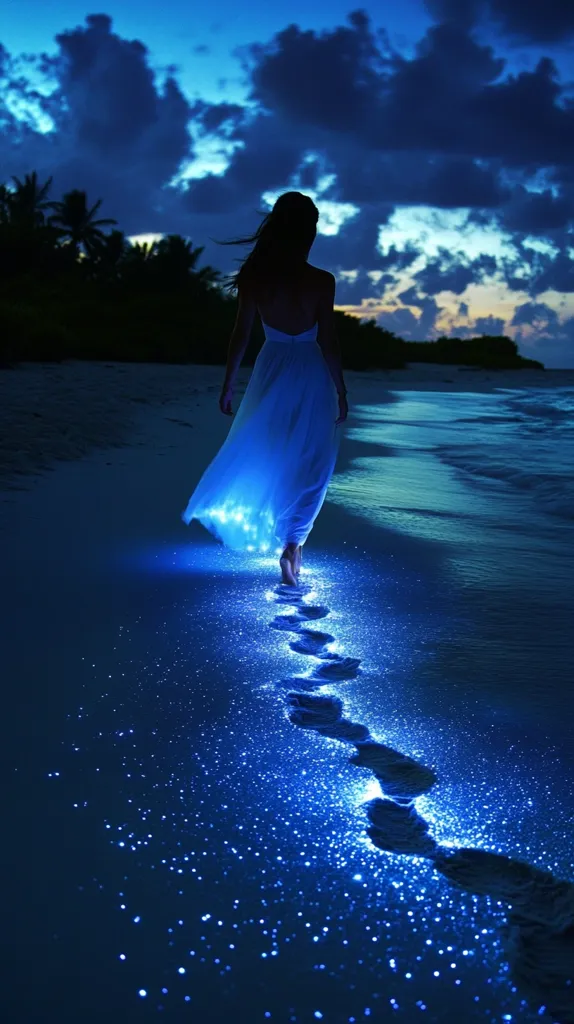 A woman in a white dress walks along a sandy beach at night. The water is bioluminescent, creating a trail of sparkling blue footprints in her wake. The sky is dark and cloudy, with a few stars visible. The scene is magical and ethereal.  The woman's silhouette is framed against the luminous water, creating a sense of mystery and wonder.