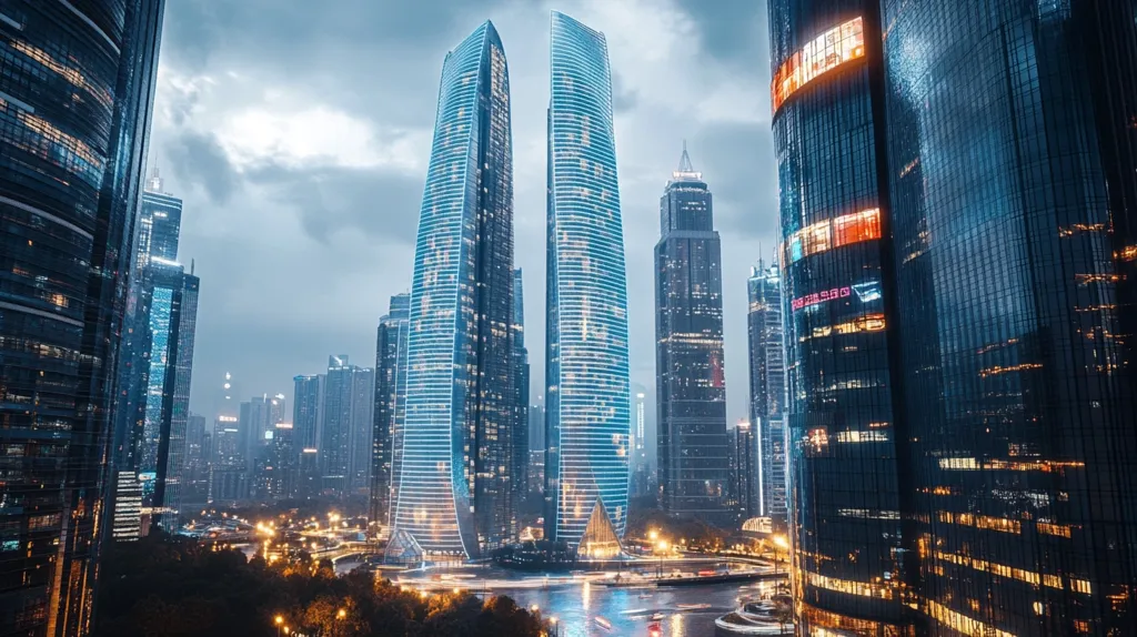 A cityscape of towering skyscrapers, mostly glass and steel, illuminated by the glow of city lights. The view is from a lower level, looking up at the buildings, and the sky is a stormy grey. A body of water stretches across the foreground. The image captures the modern, urban landscape and the dynamic energy of the city.