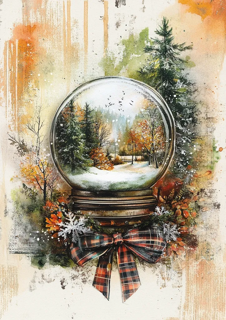 A snow globe sits on a rustic background adorned with a plaid bow. The snow globe showcases a winter scene of a snowy forest with trees and a path leading to a birdcage. The image evokes a sense of peace and tranquility, capturing a moment of winter wonder. The watercolor style adds a soft and dreamy feel to the scene.