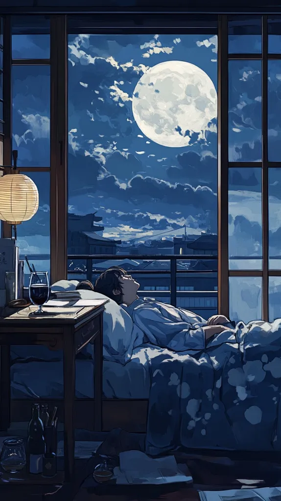 The image depicts a bedroom with a large window overlooking a city at night.  A young woman lies in bed, her face turned towards a large, full moon visible through the window. The room is lit by a paper lantern and the soft glow of the moon, creating a peaceful and serene atmosphere.  A glass of wine and some books on a bedside table suggest a quiet and reflective moment.  The image evokes a sense of tranquility and contemplation.