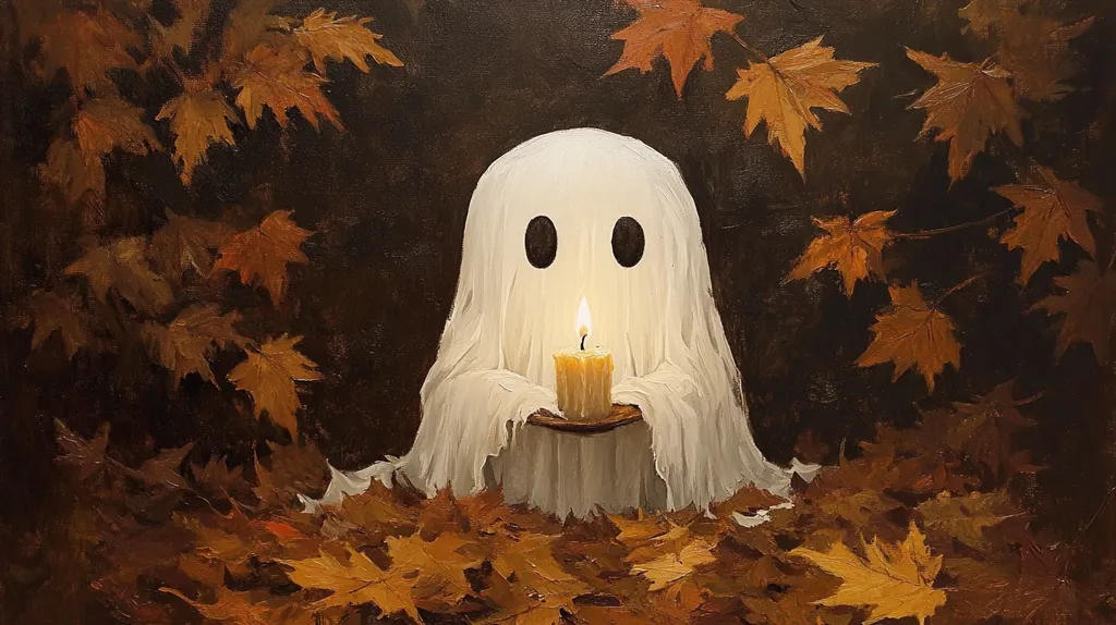 A white ghost with two black eyes sits on a bed of fallen autumn leaves. It holds a lit candle in its hands. The leaves are a deep orange, and the background is a dark brown. The ghost is illuminated by the candle, and its white form stands out against the dark background. The image evokes a sense of peace and tranquility, and the ghost appears to be a gentle and benevolent spirit.  The painting is done in a realistic style.