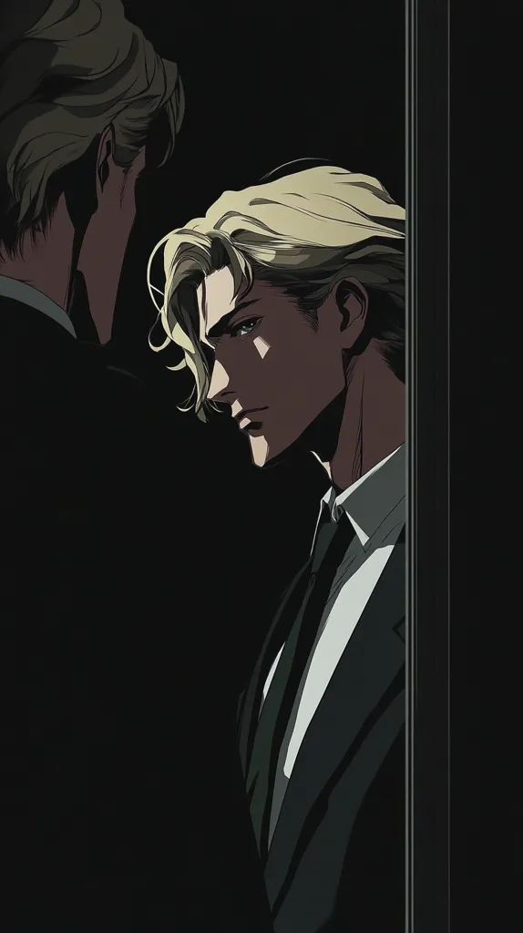 The image shows two men in suits, standing in a darkened room. The man on the left is obscured by shadow, while the man on the right is partially visible. The man on the right has blond hair, a serious expression, and is wearing a dark suit with a white shirt and tie. The image has a dramatic and mysterious tone.