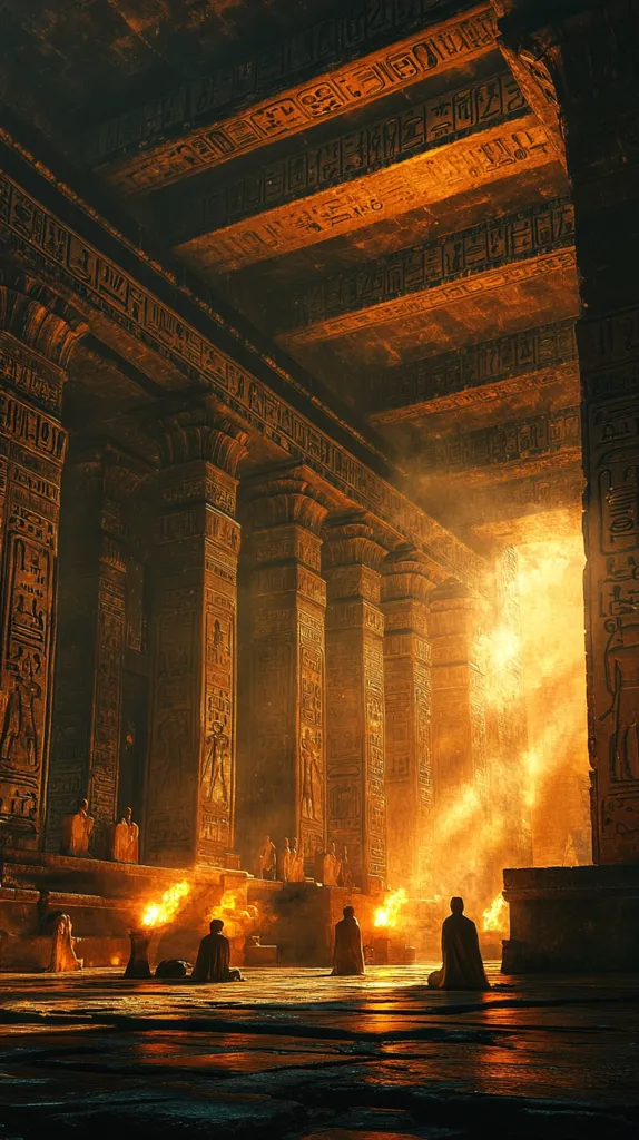 The image shows an ancient Egyptian temple with tall, ornate pillars. The ceiling is covered in intricate hieroglyphs. Golden light streams in through a doorway, illuminating the dusty air. Three figures stand in silhouette, adding a sense of mystery and reverence to the scene. The temple's grandeur and the figures' presence suggest a place of worship and spiritual significance.