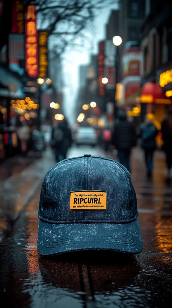 A blue Ripcurl hat lies on a wet, cobblestone street. The hat is adorned with a yellow rectangular patch that reads "The stylin' a undeniably rad." The background is a blurry cityscape, illuminated by streetlights and shop signs. The overall tone is moody and atmospheric, evoking a sense of urban exploration.