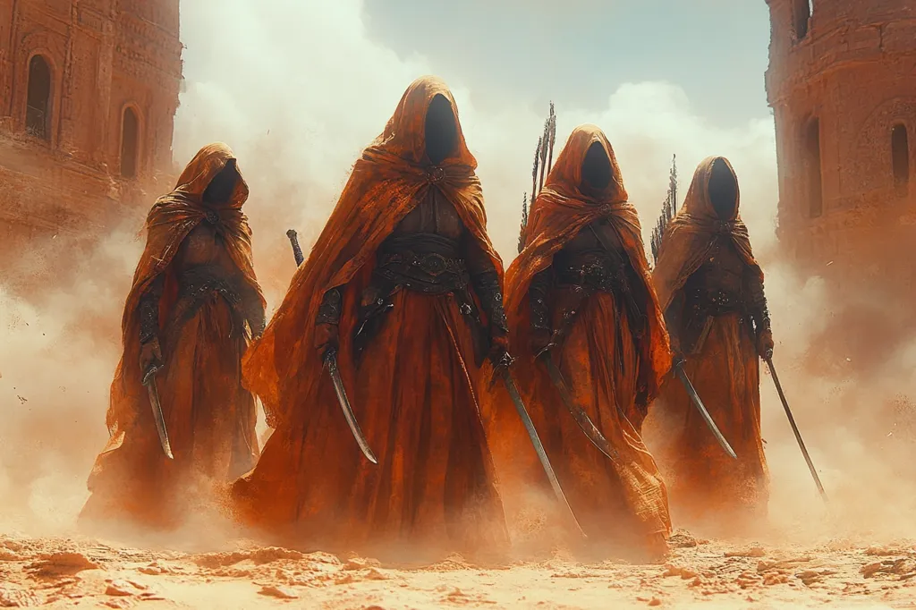 Four cloaked figures, their faces obscured, stride across a barren desert landscape.  They wear long, flowing orange robes, their hands gripping swords.  A crumbling, ancient structure looms behind them, partially obscured by a haze of dust.  The overall scene suggests a setting of mystery and impending conflict.  The figures' obscured faces and the air of menace create an unsettling sense of anticipation.