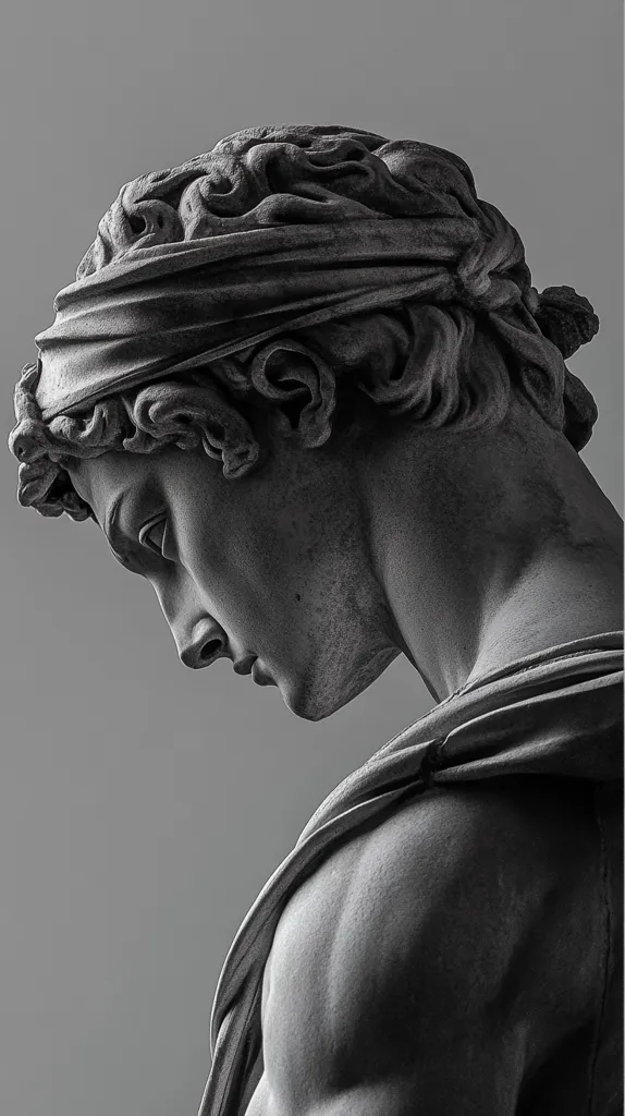 A black and white photograph of a marble statue of a man. His head is tilted down and his face is cast in shadow.  His hair is intricately carved and he is wearing a draped cloth around his head. The statue appears to be muscular and strong.  The image is taken against a plain grey background.  The focus is on the statue's face and the details of the sculpture are well-defined.  The lighting creates a sense of drama and mystery.