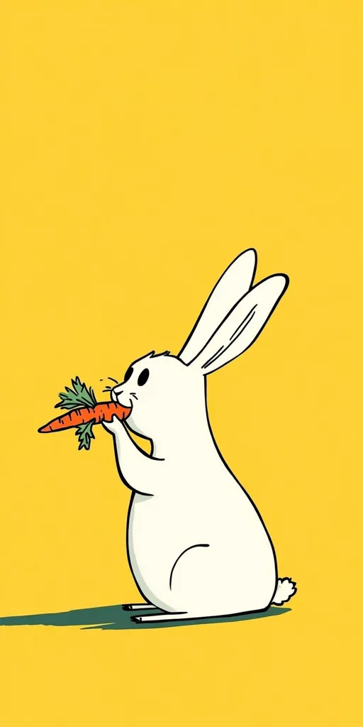 A simple cartoon drawing of a white rabbit eating a carrot on a solid yellow background. The rabbit is depicted in a simple, childlike style with large ears and a small, round body. The carrot is bright orange with green leaves. The image is clean and minimalist, conveying a sense of playfulness and simplicity.