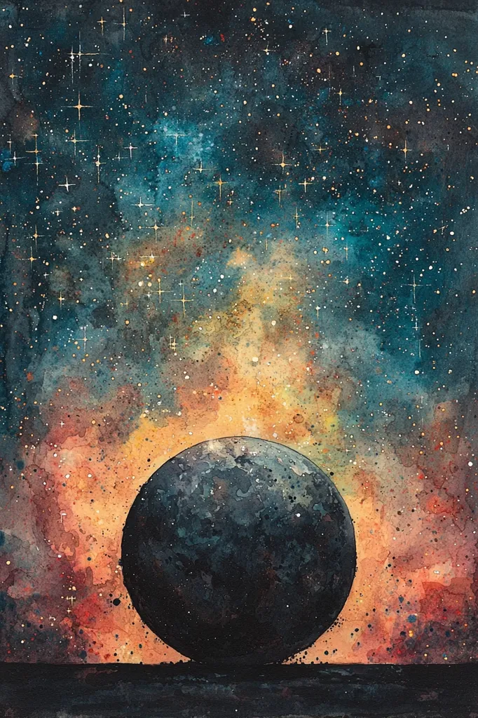 A watercolor painting depicts a large, dark planet resting on the horizon against a backdrop of a swirling nebula. The nebula is a mix of blues, oranges, and reds, with tiny white stars scattered throughout. The planet is a dark gray, suggesting an unknown and mysterious world. The painting's soft hues and dreamy atmosphere evoke a sense of wonder and the vastness of the cosmos.