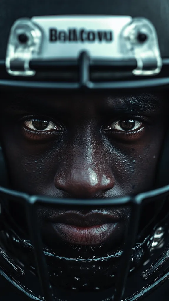 A close-up of a football player wearing a black helmet with the word \