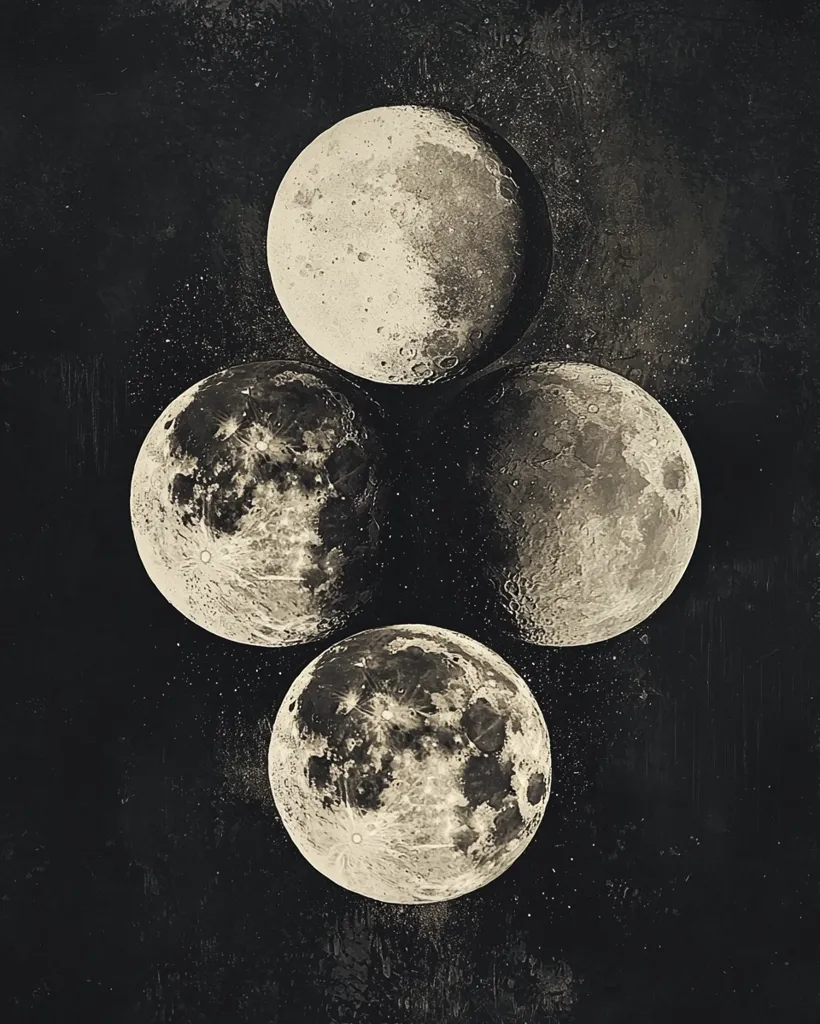 Four moons, each in different phases, are arranged in a diamond shape against a dark, textured background. The moons are all slightly different shades of grey, with the top moon being the most illuminated. The background is speckled with white dots, reminiscent of stars. The image has a slightly vintage, ethereal feel.