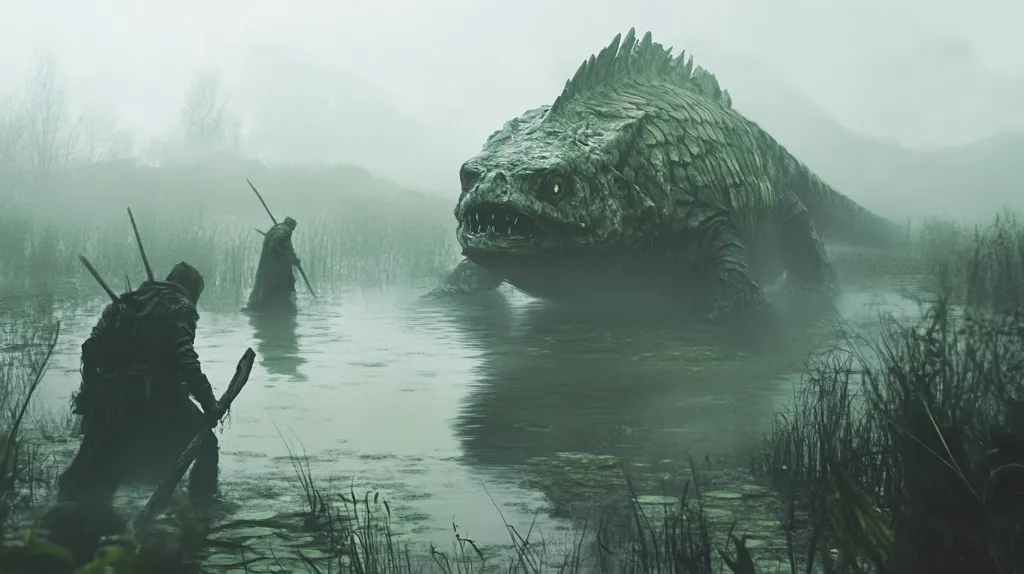 Two cloaked figures wade through a murky, fog-filled swamp towards a monstrous, reptilian creature with sharp teeth. The creature's head is partially submerged, its large eyes piercing through the mist. The figures are armed, their silhouettes barely visible against the dense, green environment.  The image evokes a sense of foreboding and danger, as the characters face an unknown fate.