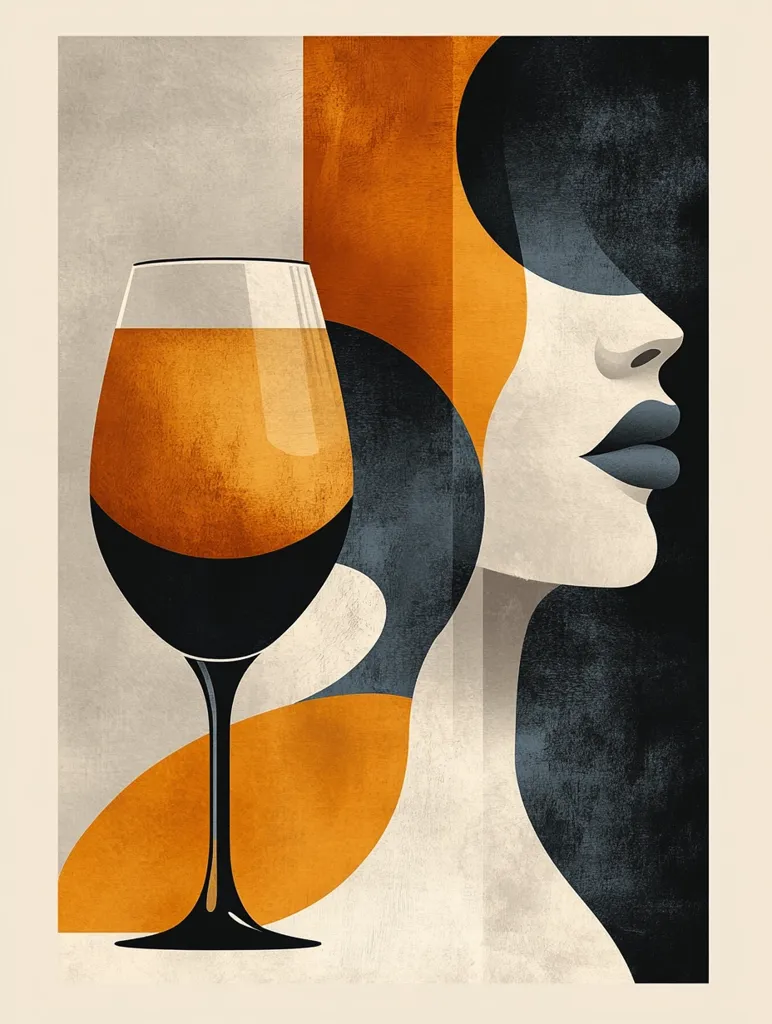 The image is a minimalist illustration with a vintage feel. It features a glass of wine with an orange liquid and a stylized, abstract profile of a woman.  The composition uses bold, geometric shapes in warm orange and cool blue hues, creating a sense of contrast and depth. The background is a textured, off-white color, adding a layer of visual interest. The overall effect is stylish and sophisticated, hinting at a moment of quiet indulgence.
