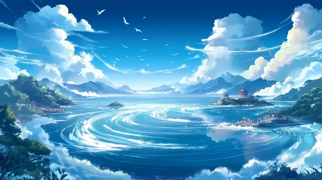 The image depicts a serene landscape with a vibrant blue sky adorned with fluffy white clouds. In the distance, a small island with a traditional temple sits in a sparkling blue ocean, surrounded by a swirling current. The scene is tranquil and picturesque, capturing a sense of peace and serenity.  A line of people can be seen walking along the shoreline, adding a touch of human presence to the otherwise idyllic scene.