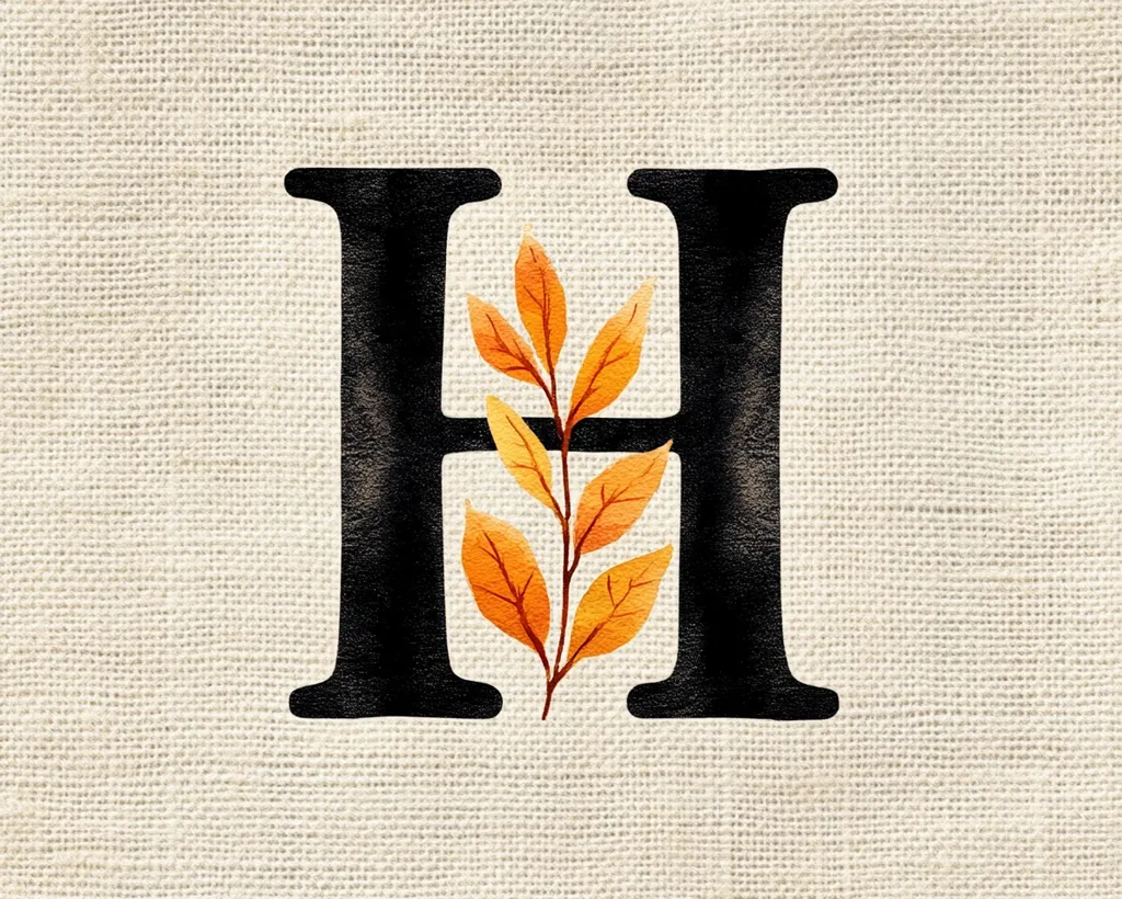 The image shows the letter "H" in a black, bold font with a stylized orange leaf design in the middle. The letter is on a textured canvas background.  The image is likely from a fall-themed design.