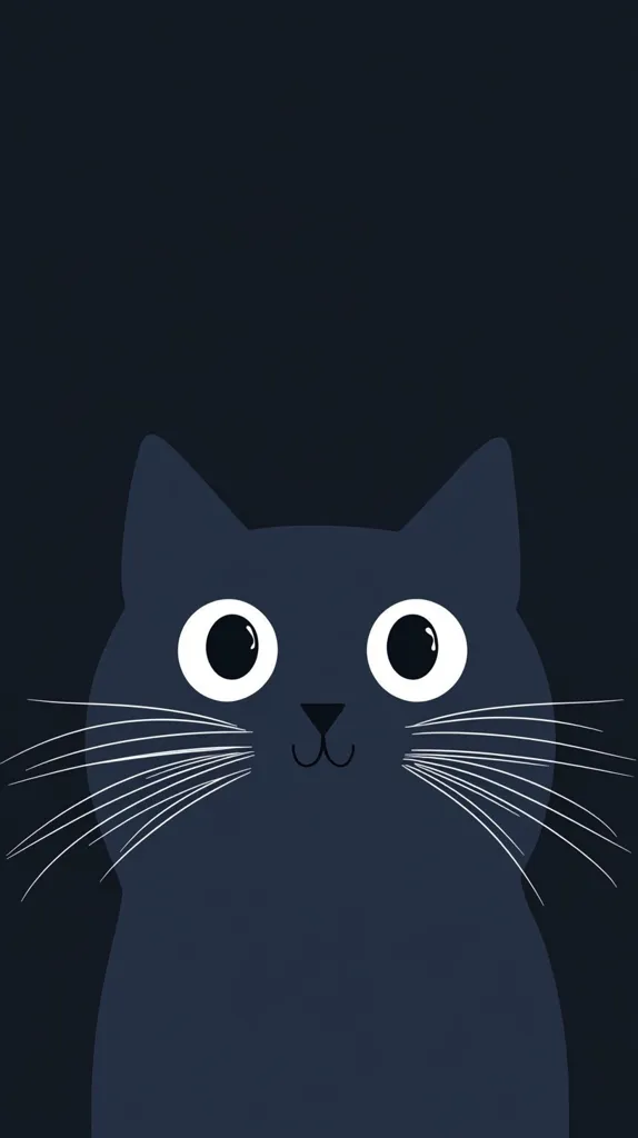 A black cat with large, white eyes and a small, white nose stares directly at the viewer. Its whiskers are long and white against the dark blue background, creating a striking contrast. The cat's expression is neutral, suggesting a quiet, observant demeanor. The simplified design of the cat adds to the minimalist aesthetic of the image.