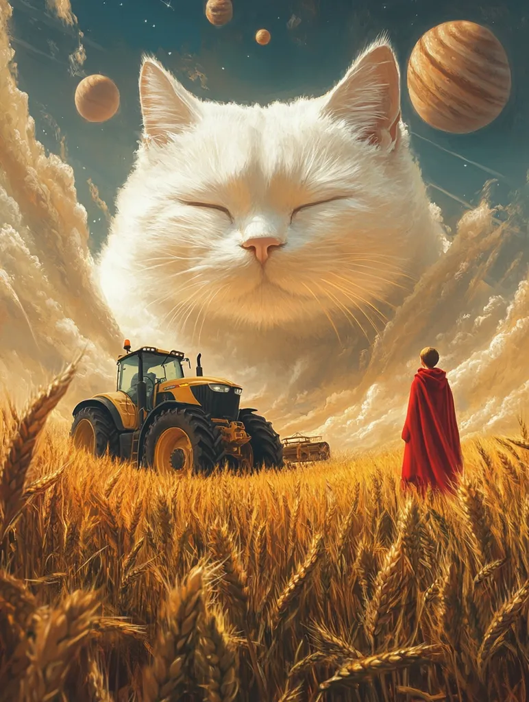 A giant, white cat with closed eyes floats in a cloudy sky.  Planets hang in the distance, and a yellow tractor drives through a field of wheat in the foreground. A lone figure in a red cloak stands in the field, staring up at the cat. The image has a surreal, dream-like quality.