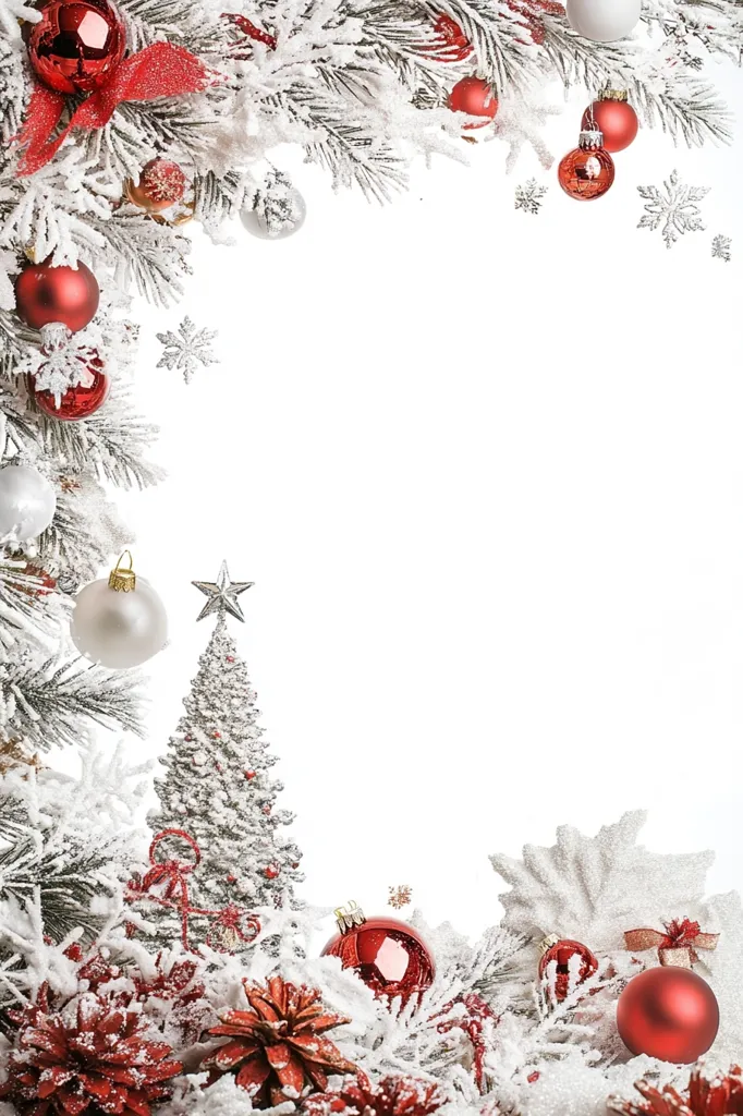 A festive Christmas border with snowy pine branches adorned with red and white ornaments. A miniature snow-covered Christmas tree stands in the center.  Red and white ornaments, pine cones, and a snowflake pattern complete the festive design. The white background provides a blank canvas for holiday greetings.