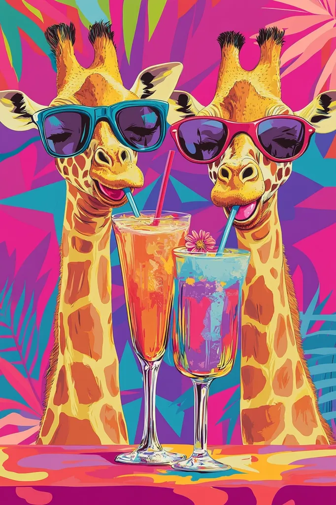 Two giraffes wearing sunglasses are enjoying cocktails.  They are sitting at a table with a colorful tropical background. The giraffes are smiling and look happy.  The drinks are orange and purple and are in tall glasses with stems.  The background is vibrant and colorful with jungle foliage. The image is whimsical and playful.