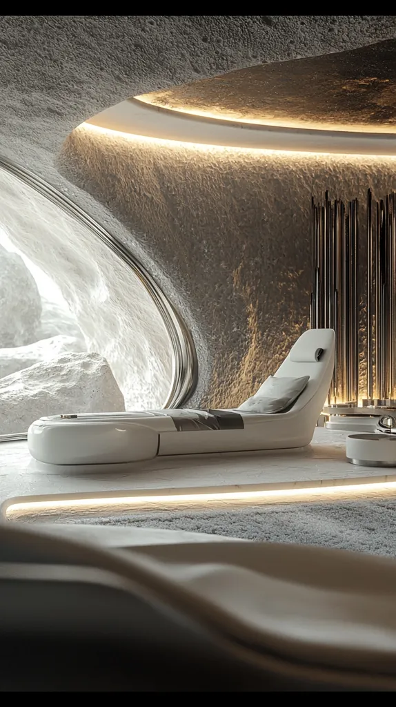 The image shows a modern, minimalist bedroom with a curved wall and a large window overlooking a rocky landscape. A sleek, white lounge chair with a plush cushion sits in the foreground, bathed in the warm glow of a strip of LED lights that runs along the floor. The room's design features clean lines and muted tones, creating a serene and sophisticated atmosphere.