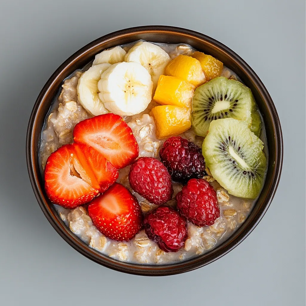A bowl of oatmeal topped with fresh fruit. The oatmeal is a creamy, light brown color and is topped with sliced strawberries, raspberries, kiwi, mango, and banana. The bowl is brown and the background is a light gray. It's a healthy and delicious breakfast option.
