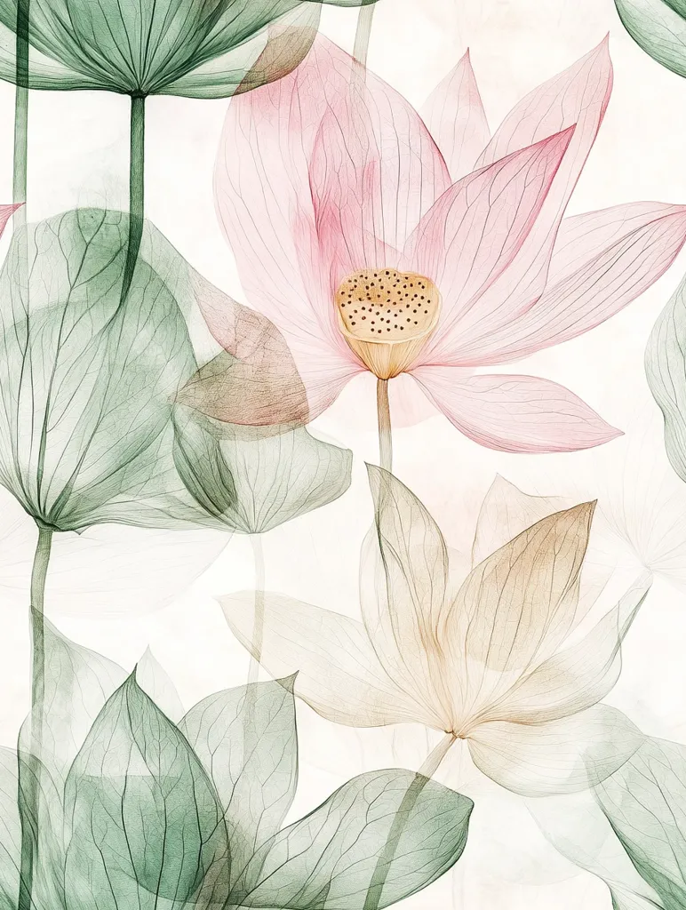 The image depicts a watercolor painting of delicate, semi-transparent lotus flowers in shades of pink, green, and beige. The petals and leaves are intricately detailed, creating a sense of ethereal beauty. The flowers are rendered with a soft, airy quality, as if they are floating on the white background. The overall effect is one of peace and serenity.