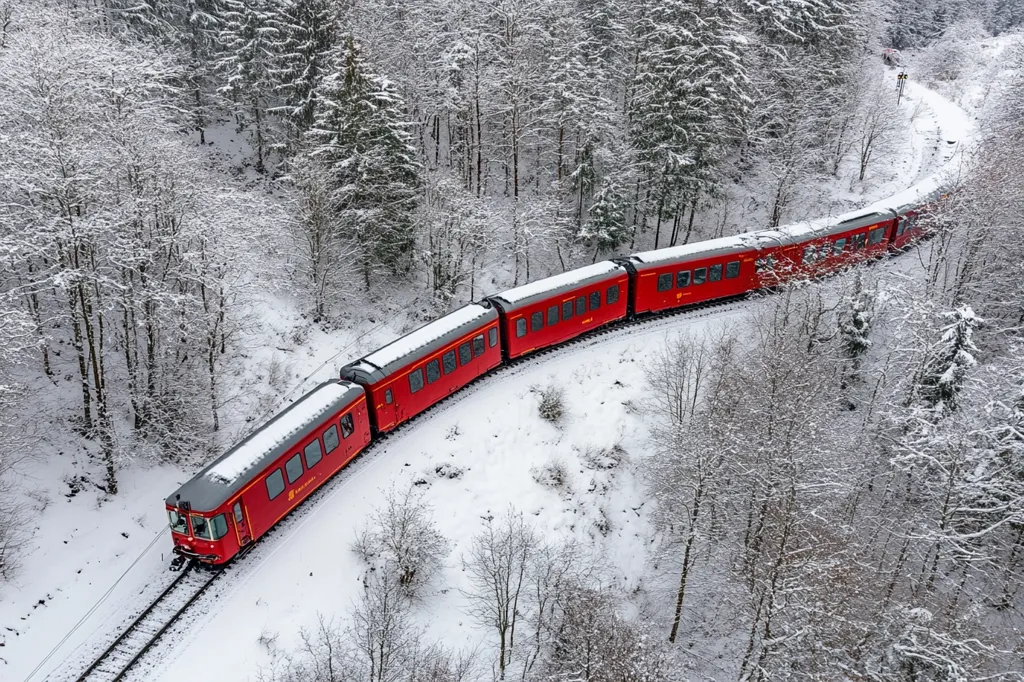 A red passenger train winds its way through a snowy forest. The train is traveling on a track that curves through the trees, which are covered in a thick layer of snow. The scene is picturesque and serene, with the snow-covered trees and the red train creating a striking contrast. The train appears to be on a mountain pass and moving from left to right. The tracks are clear and visible.