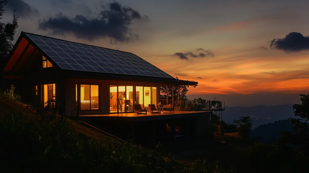 A modern, single-story house with a large, angled roof covered in solar panels sits on a hillside overlooking a valley. The interior is lit up with warm yellow light, casting a glow on the deck and surrounding landscape. The sky behind the house is a vibrant orange and purple, indicating a stunning sunset. The scene is peaceful and tranquil.