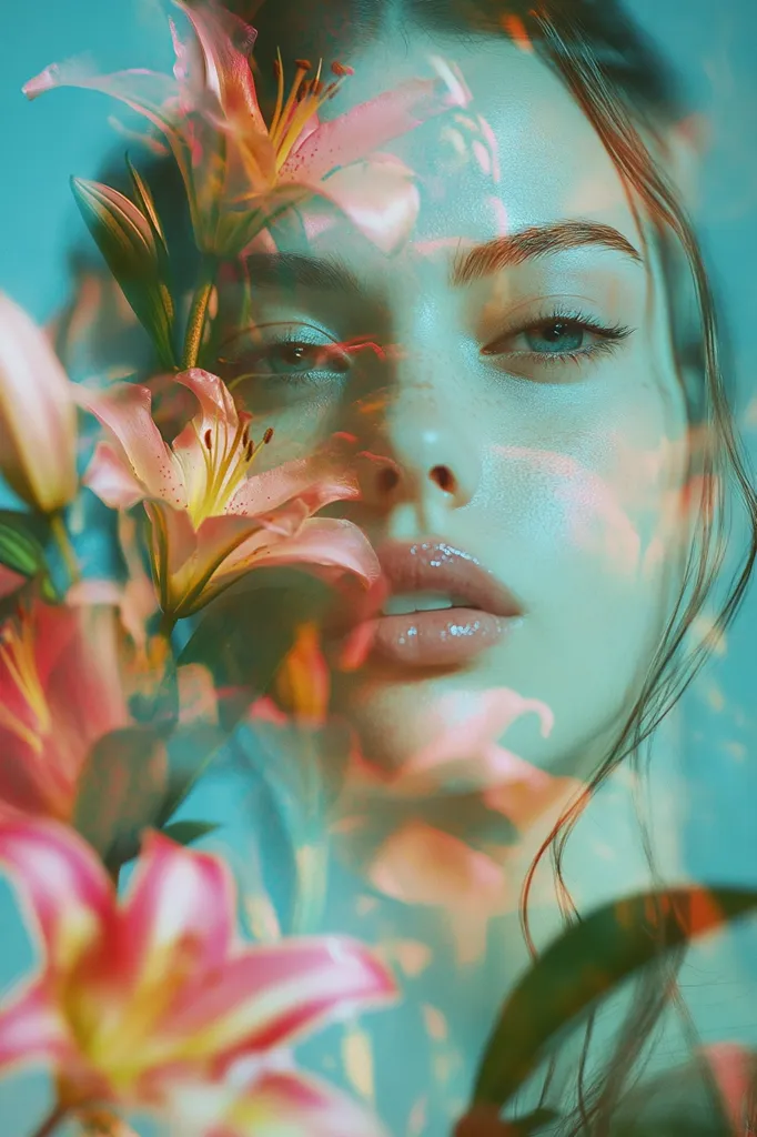 The image is a close-up portrait of a woman with flowers superimposed over her face. The flowers are lilies, with pink and white petals, and they create a soft, ethereal effect. The woman's eyes are closed, and her lips are slightly parted. The background is a soft blue, and the overall image has a dreamy, romantic feel.