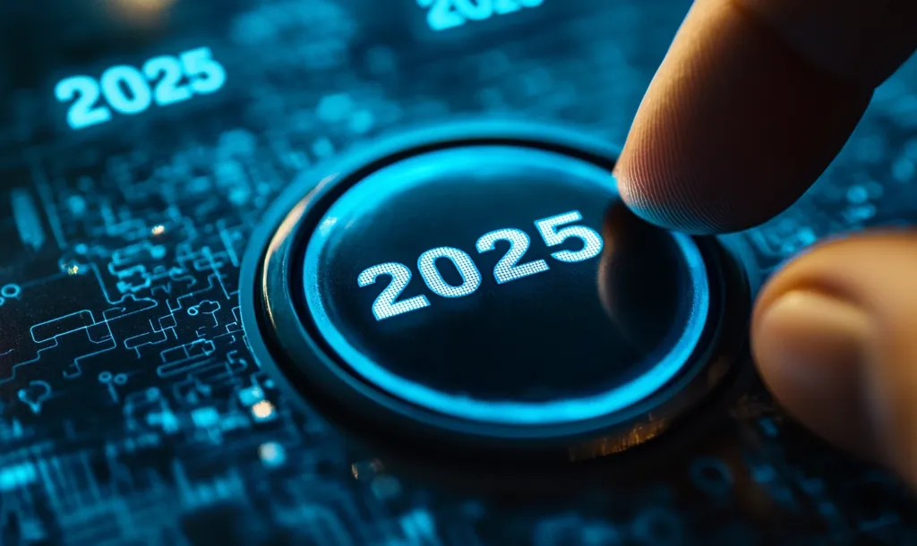 A finger presses a glowing blue button that reads "2025." The button is on a dark, futuristic-looking circuit board with intricate blue patterns. The image represents the arrival of the new year or a significant technological advancement.