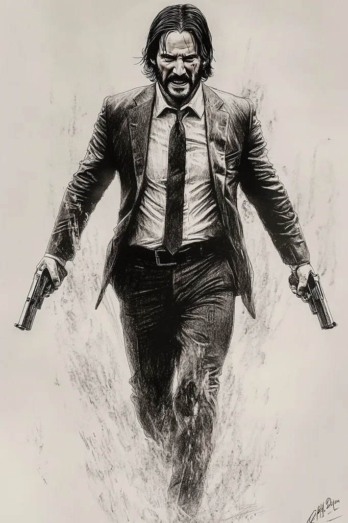 The image is a black and white pencil sketch of a man. He is wearing a suit, a tie, and a determined expression on his face. He has a gun in each hand and is walking forward. The background is a blurred grey, suggesting movement. The sketch captures the character's intensity and focus.