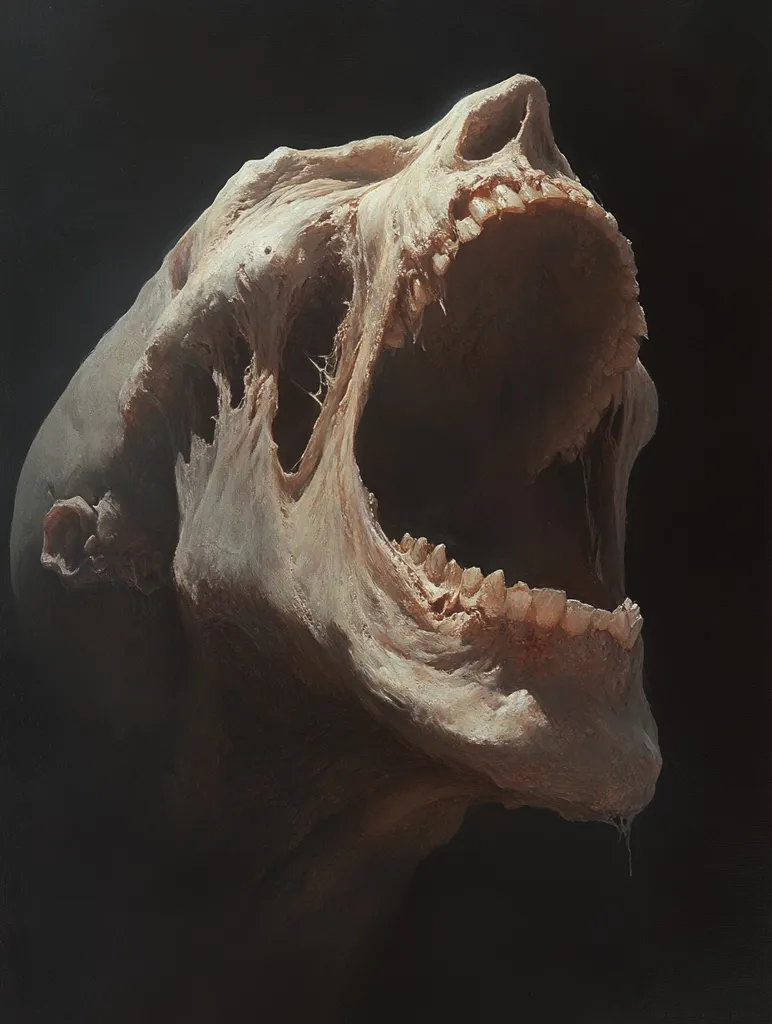 The image depicts a close-up of a skeletal skull with its jaw wide open in a silent scream. The skull is rendered in a realistic style with detailed bone structure and a tinge of red, suggesting decay. The image is set against a dark background, emphasizing the eerie and unsettling nature of the subject. The overall effect is one of macabre beauty and the inevitability of death.