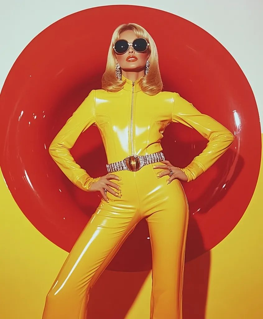 The image shows a woman in a bright yellow, shiny jumpsuit standing in front of a large, red and yellow circle. She wears large, round sunglasses, a belt with a gold buckle, and dangling earrings. Her blonde hair is styled in a blunt bob. The bold colors and retro style create a 1960s-inspired aesthetic.