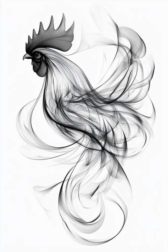 The image is a black and white abstract drawing of a rooster. The rooster's head and comb are clearly visible, while its body is rendered as a series of flowing, translucent lines that suggest feathers and movement. The lines swirl and curve, creating a sense of dynamism and energy. The overall effect is elegant and ethereal.