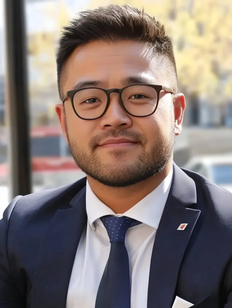 A man with short dark hair and a beard, wearing a navy blue suit, white shirt and a dark blue tie, is standing in an outdoor setting. He is wearing glasses and has a serious expression. The background is out of focus, with a blurred yellow and green color palette.  The image captures a professional and confident demeanor.