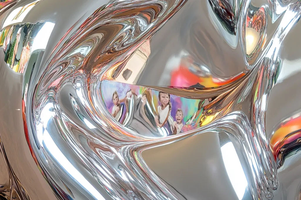 The image is a close-up of a shiny, metallic surface with a distorted reflection. The surface is rippled and warped, creating an abstract and visually interesting texture. The reflection is blurred and fragmented, making it difficult to discern the exact details.  There is a suggestion of a group of children in the reflection. The overall effect is one of distortion and surrealism.  The image is a study in light and reflection.