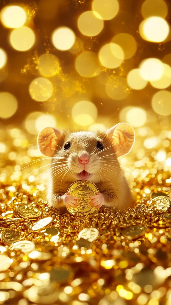 A cute brown mouse sits in a pile of gold coins, holding a large gold coin in its paws.  It looks happy and content, with its mouth slightly open.  The background is a blur of golden lights, adding to the luxurious feel of the image.  The mouse is a symbol of wealth and prosperity, and the image suggests that the mouse has found a treasure trove of gold.