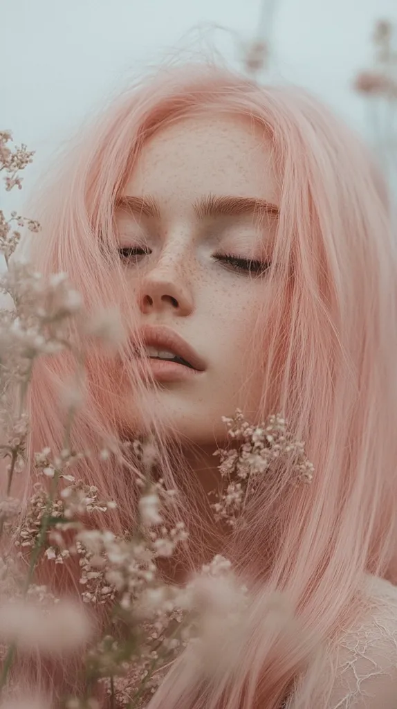 A young woman with long, flowing pink hair has her eyes closed and her face framed by delicate white flowers. The image is soft and ethereal, with a dreamy quality. The woman's skin is pale and freckled, and her lips are slightly parted.  The overall effect is one of peace and tranquility.