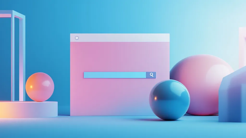 The image is a 3D rendering of a minimalist scene with a blue background. There is a pink and white rectangular shape with a blue search bar and a magnifying glass icon.  Next to it are three spheres in different shades of pink and blue. The image has a soft, ethereal quality, and the colors are pastel and muted. The scene is simple but visually striking, and it evokes a sense of peace and tranquility.  The focus of the image is on the search bar, which is prominently displayed.  The spheres and the rectangular shape create a sense of depth and dimension, while the blue background provides a clean and minimalist backdrop.  The overall effect is one of simplicity and beauty.