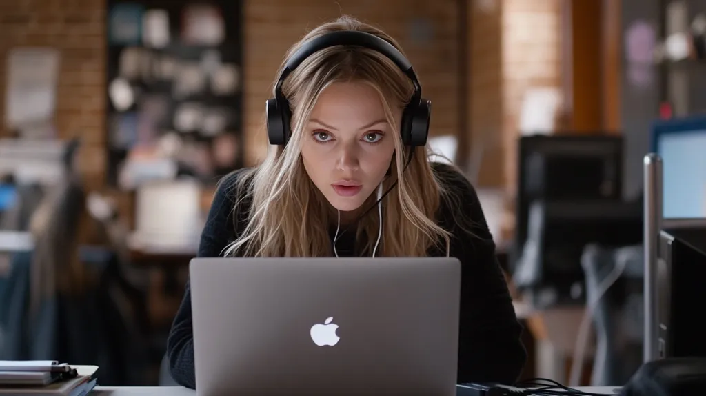 A young woman with long blonde hair and wearing headphones is looking intently at a laptop screen. She has a serious expression on her face and appears to be focused on her work. The laptop is open and a white Apple logo is visible on the screen. The background is blurred, suggesting a busy office environment.  She is sitting at a desk with a cluttered surface, and there are other pieces of technology visible, such as a computer monitor and a printer. The overall impression is one of focused concentration and dedication to work.