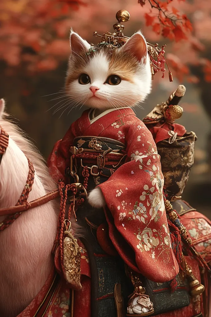 A white and orange cat, wearing a traditional red and gold Japanese kimono and a golden crown, sits astride a white horse. The cat has large, round eyes and a serious expression. The background is blurred, but hints of red autumn leaves can be seen. The image is a whimsical and stylized portrayal of a feline samurai.