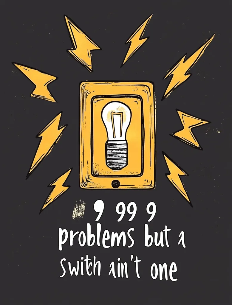 The image shows a light switch with a light bulb inside.  There are yellow lightning bolts drawn around the switch, and the words "999 problems but a switch ain't one" are written below. The background is a dark gray.  The image is drawn in a cartoon style with thick outlines. The light bulb is lit.  This image suggests that finding a solution to a problem can be as simple as flipping a switch.