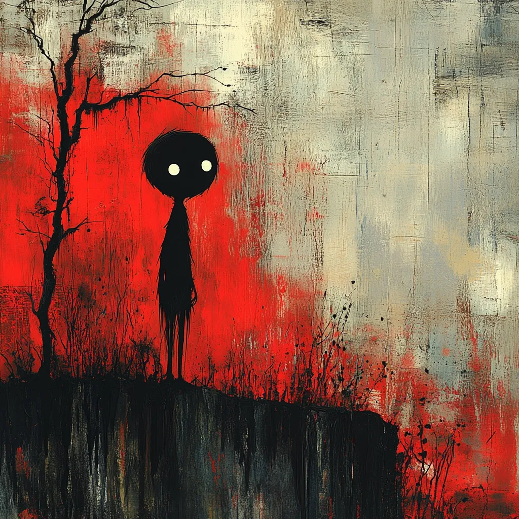 The painting depicts a solitary figure with large, white eyes standing on a cliff edge. The figure is silhouetted against a backdrop of red and gray, with a bare tree reaching up into the sky. The colors and imagery create a sense of isolation and unease.