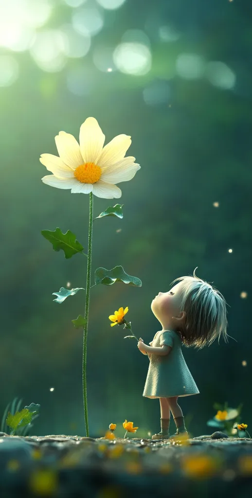 A small doll-like figure with long brown hair is standing in a field of green grass and small yellow flowers. The doll is looking up at a large white flower with a yellow center. The flower is tall and has a long green stem. The background is blurred and green. The image has a whimsical and ethereal quality.