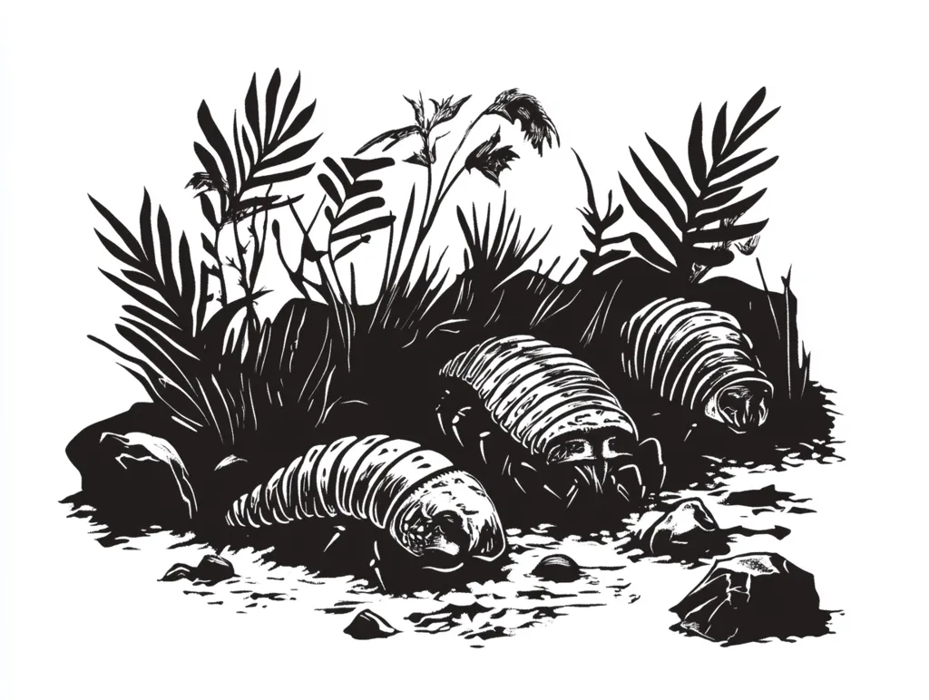 A black and white illustration depicts three large segmented creatures, possibly insects or crustaceans, crawling through lush vegetation. The creatures are drawn in a bold, stylized manner, with their segmented bodies and legs clearly visible. The surrounding foliage is dense and intricate, suggesting a tropical or jungle environment. The image is reminiscent of a vintage woodcut or linocut, with its bold lines and strong contrasts. The overall effect is both intriguing and slightly unsettling, conveying a sense of the hidden world teeming with unknown life forms.