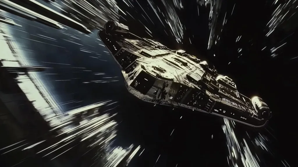 The image shows a spaceship, possibly the Millennium Falcon, in a state of hyperspace travel. The vessel is framed against a black background, with streaks of light blurring past as it accelerates at an immense speed. The ship's silhouette is outlined in white against the darkness, giving a sense of motion and urgency. The image captures the thrilling and awe-inspiring nature of hyperspace travel.