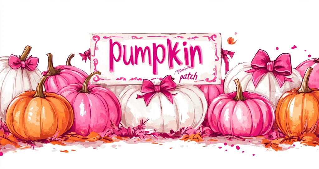 The image shows a collection of pumpkins, some painted white and decorated with pink bows, others in shades of pink and orange. They are arranged on a bed of fallen leaves, with a sign above that reads “pumpkin patch” in a playful pink font. The overall feel is whimsical and festive, perfect for an autumn display.