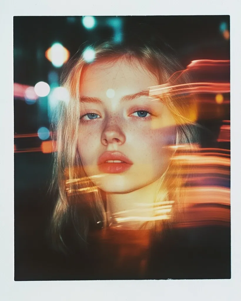 A young woman with long blonde hair is the focus of the image. She has light skin and blue eyes.  She is looking directly at the camera with a serious expression.  The photo is taken in a dimly lit setting. In the background, blurred lights create a hazy, dreamy atmosphere. The image has a vintage, nostalgic feel, reminiscent of an old Polaroid snapshot.