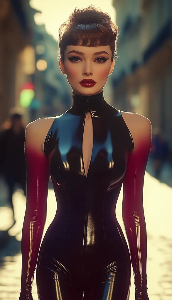A woman with a sleek, dark bob hairstyle stands in the street, wearing a black, form-fitting latex jumpsuit with a keyhole cutout in the front. The outfit reflects the light, creating a glossy finish. Her strong, sharp features are accentuated by bold red lipstick. The backdrop is a blurry cityscape, suggesting an urban setting.  She appears confident and stylish.